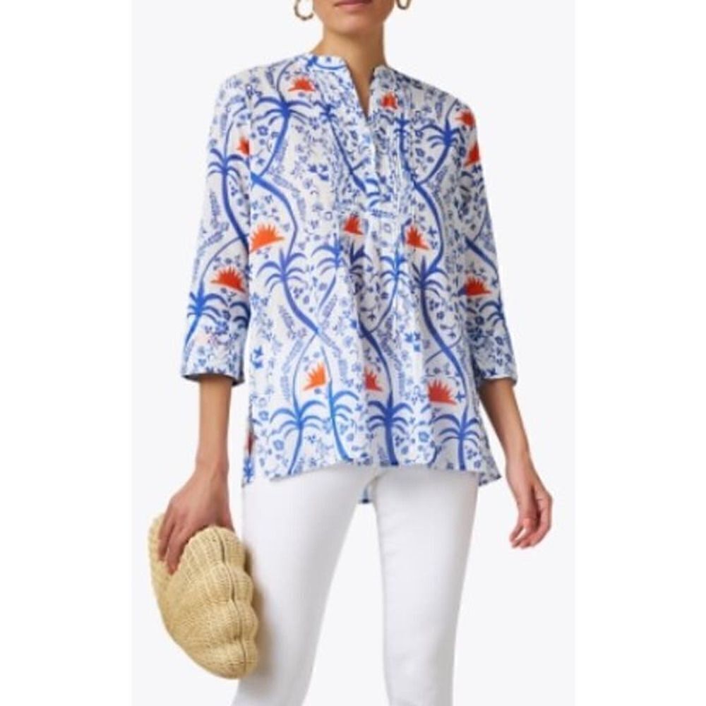 NWT Ro's Garden Aries Blue and Orange Print Shirt  Sz. S